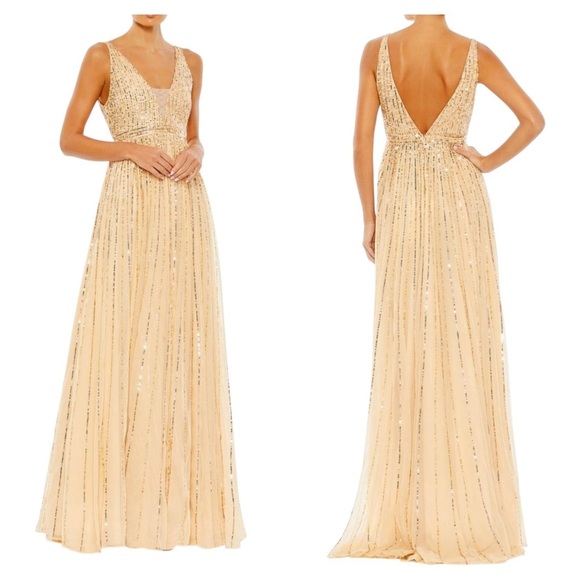 Mac Duggal 10700 Cream Gold Sequin Deep V A-Line Evening Gown Size 24 NWT